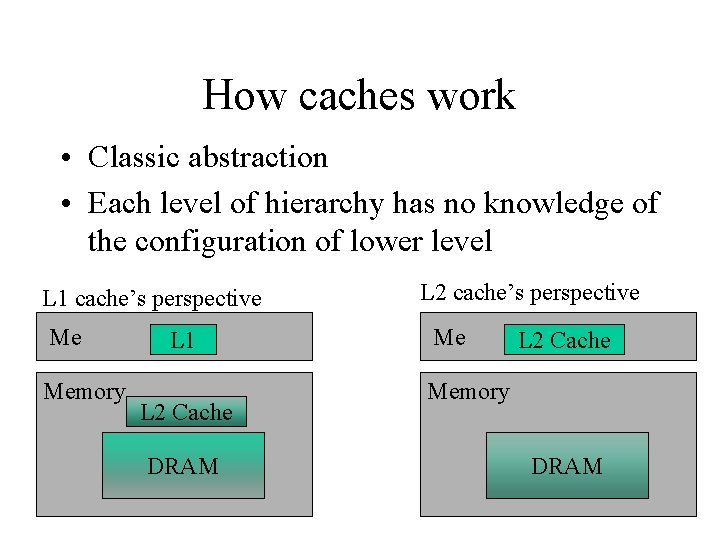How caches work • Classic abstraction • Each level of hierarchy has no knowledge