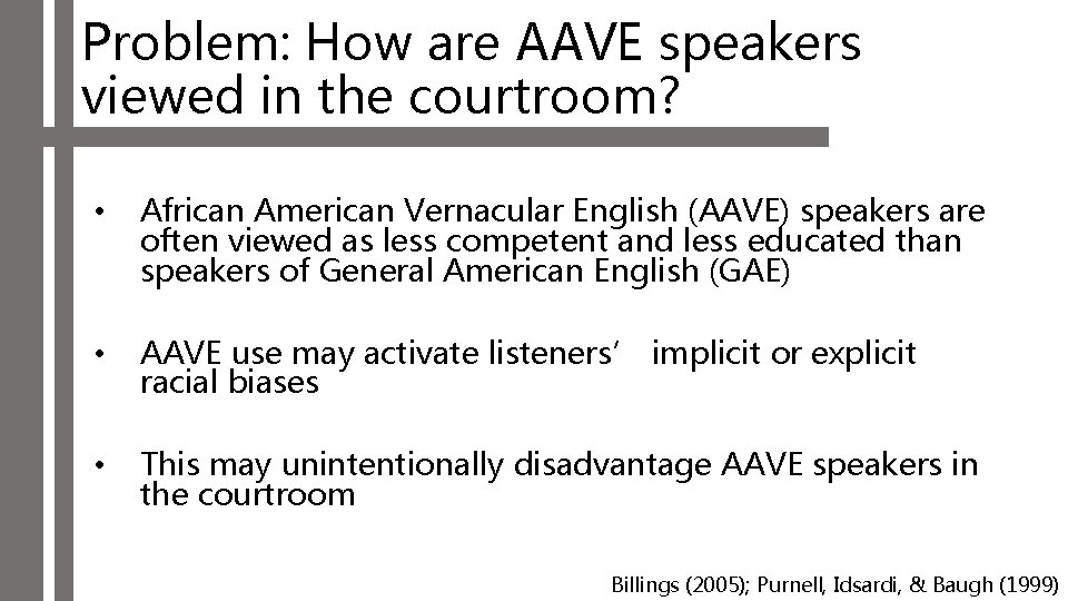 Problem: How are AAVE speakers viewed in the courtroom? • African American Vernacular English