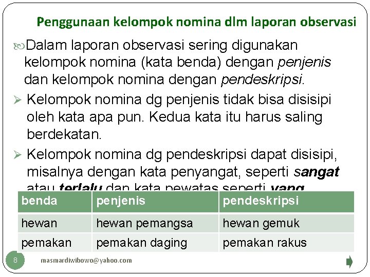 Penggunaan kelompok nomina dlm laporan observasi Dalam laporan observasi sering digunakan kelompok nomina (kata