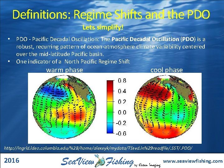 Definitions: Regime Shifts and the PDO Lets simplify! • PDO - Pacific Decadal Oscillation: