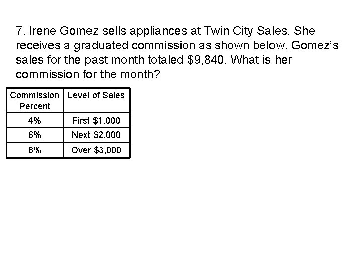 7. Irene Gomez sells appliances at Twin City Sales. She receives a graduated commission 7. Irene Gomez sells appliances at Twin City Sales. She receives a graduated commission