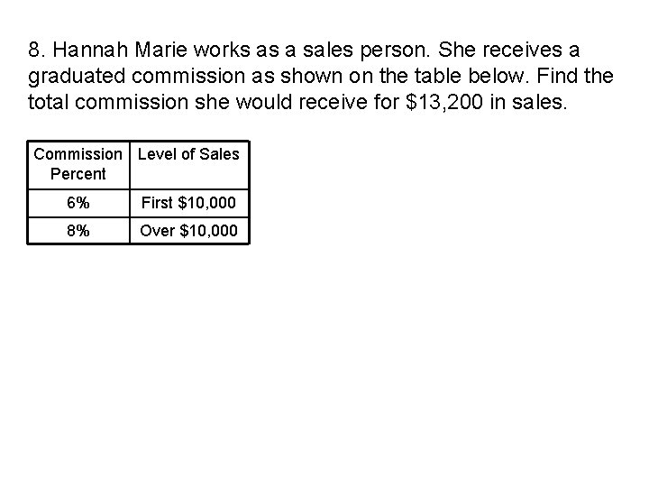 8. Hannah Marie works as a sales person. She receives a graduated commission as 8. Hannah Marie works as a sales person. She receives a graduated commission as