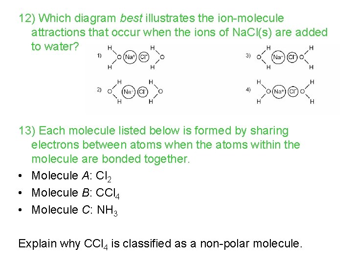 12) Which diagram best illustrates the ion-molecule attractions that occur when the ions of