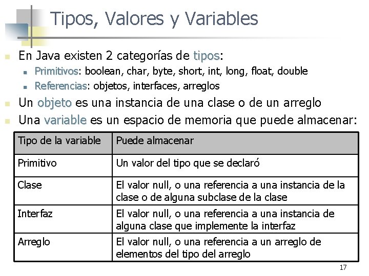 Tipos, Valores y Variables n En Java existen 2 categorías de tipos: tipos n