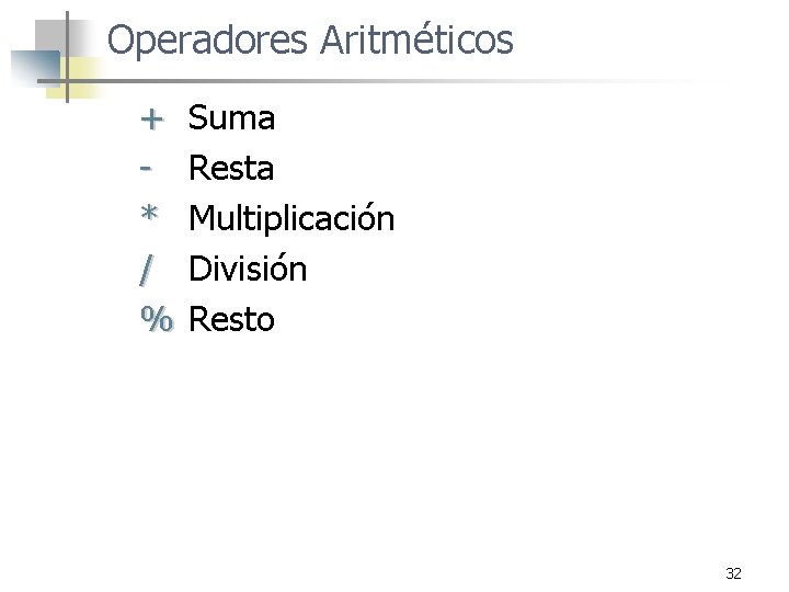 Operadores Aritméticos + * / % Suma Resta Multiplicación División Resto 32 