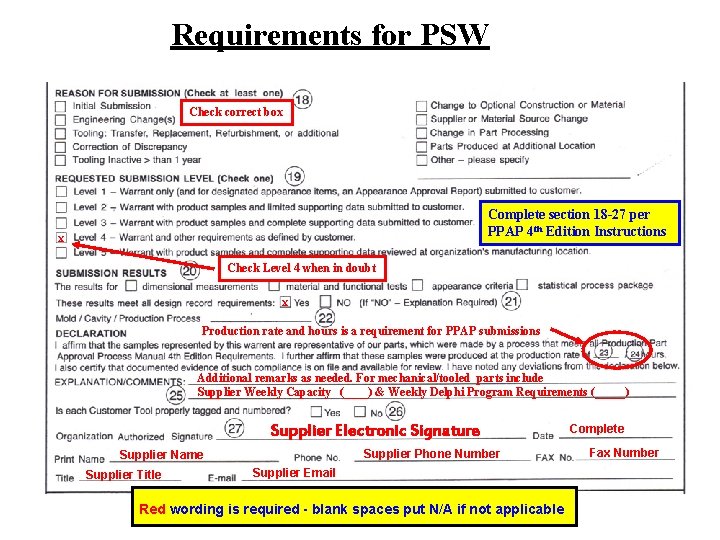 Requirements for PSW Check correct box Complete section 18 -27 per PPAP 4 th