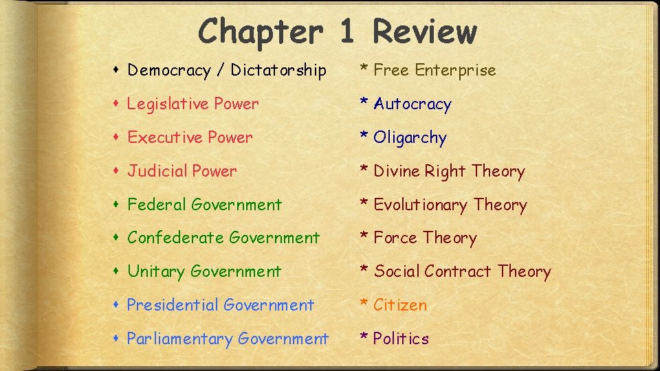 Chapter 1 Review Democracy / Dictatorship * Free Enterprise Legislative Power * Autocracy Executive Chapter 1 Review Democracy / Dictatorship * Free Enterprise Legislative Power * Autocracy Executive