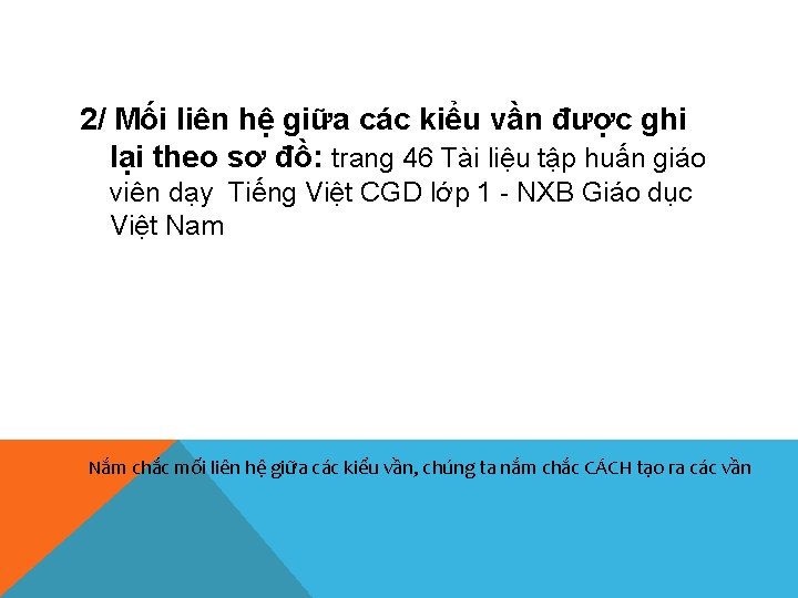 2/ Mối liên hệ giữa các kiểu vần được ghi lại theo sơ đồ: