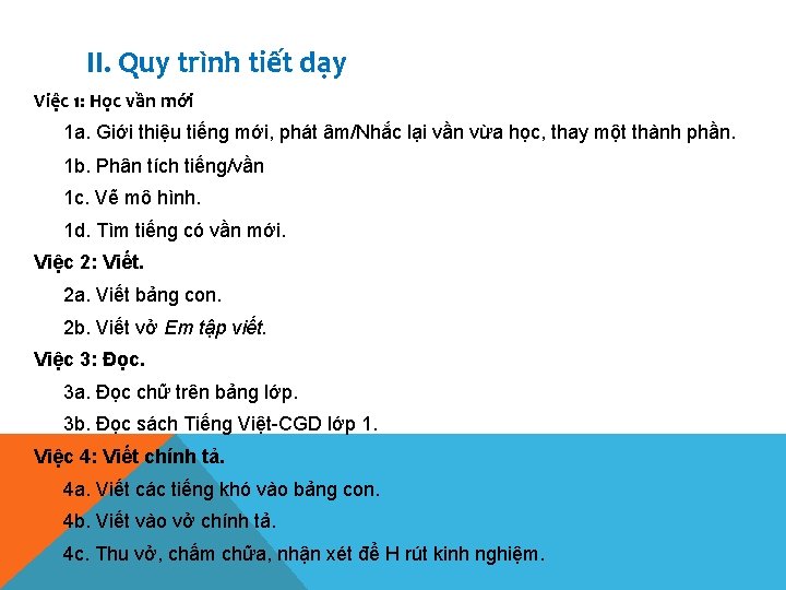 II. Quy trình tiết dạy Việc 1: Học vần mới 1 a. Giới thiệu