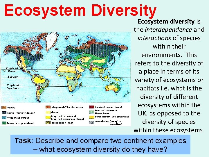 Ecosystem Diversity Ecosystem diversity is the interdependence and interactions of species within their environments.