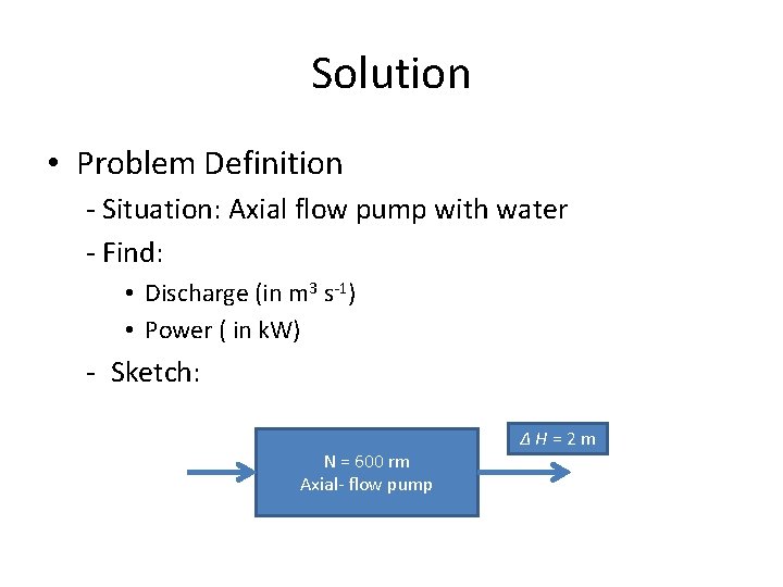Solution • Problem Definition - Situation: Axial flow pump with water - Find: •