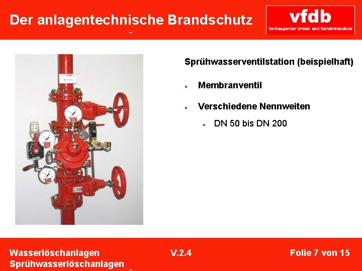  Der anlagentechnische Brandschutz Sprühwasserventilstation (beispielhaft) n Membranventil n Verschiedene Nennweiten n Wasserlöschanlagen Sprühwasserlöschanlagen