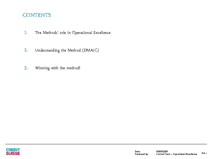 CONTENTS 1. The Methods’ role in Operational Excellence 2. Understanding the Method (DMAIC) 3.