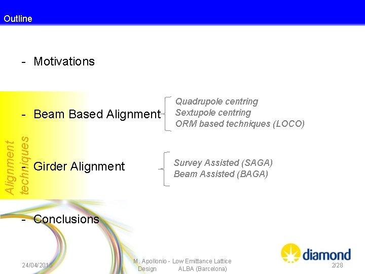 Outline - Motivations Alignment techniques - Beam Based Alignment - Girder Alignment Quadrupole centring