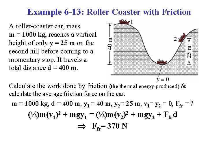 Example 6 -13: Roller Coaster with Friction A roller-coaster car, mass m = 1000