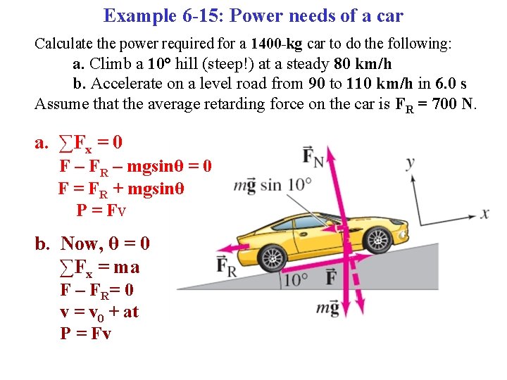 Example 6 -15: Power needs of a car Calculate the power required for a