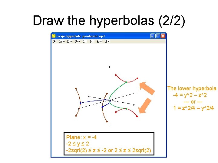 Draw the hyperbolas (2/2) The lower hyperbola -4 = y^2 – z^2 --- or