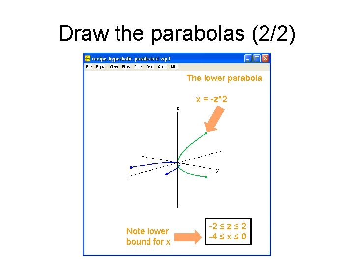 Draw the parabolas (2/2) The lower parabola x = -z^2 Note lower bound for