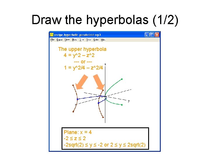 Draw the hyperbolas (1/2) The upper hyperbola 4 = y^2 – z^2 --- or