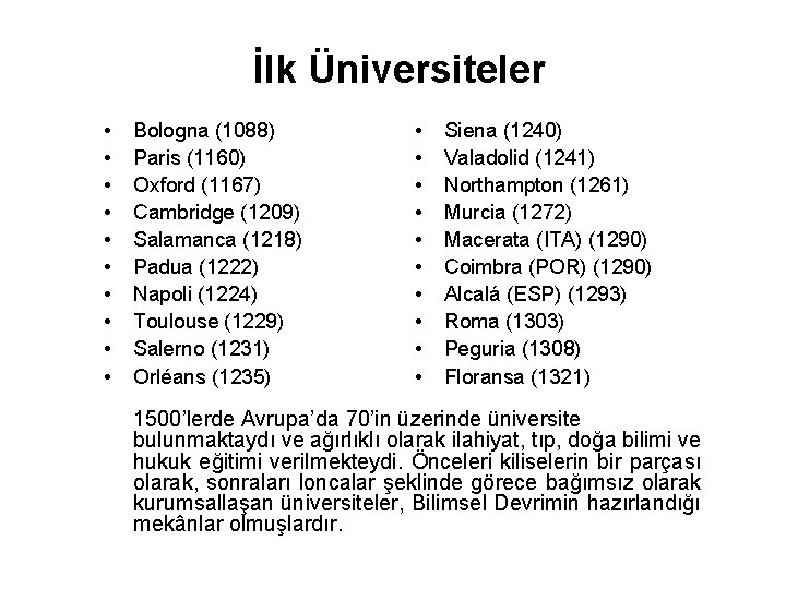 İlk Üniversiteler • • • Bologna (1088) Paris (1160) Oxford (1167) Cambridge (1209) Salamanca