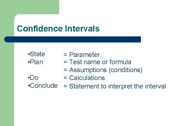 Confidence Intervals • State • Plan = Parameter = Test name or formula =