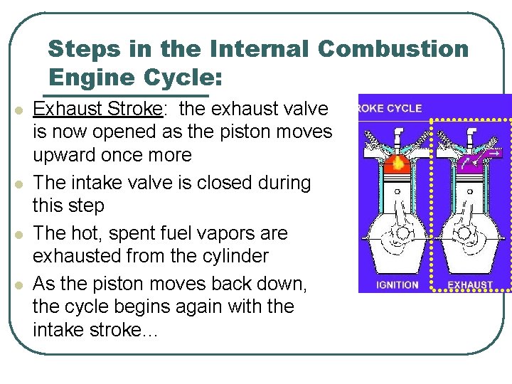 Steps in the Internal Combustion Engine Cycle: l l Exhaust Stroke: the exhaust valve