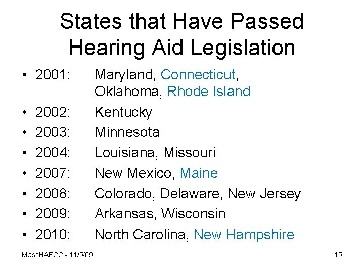 States that Have Passed Hearing Aid Legislation • 2001: • • 2002: 2003: 2004: