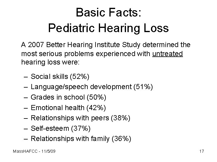 Basic Facts: Pediatric Hearing Loss A 2007 Better Hearing Institute Study determined the most