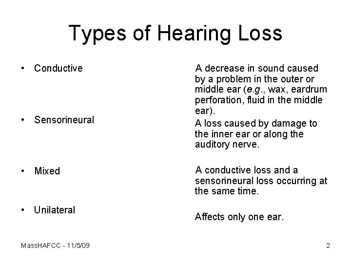 Types of Hearing Loss • Conductive • Sensorineural • Mixed • Unilateral Mass. HAFCC