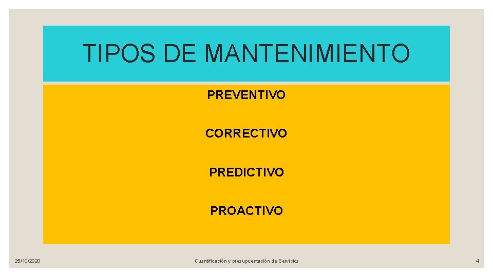 TIPOS DE MANTENIMIENTO PREVENTIVO CORRECTIVO PREDICTIVO PROACTIVO 25/10/2020 Cuantificación y presupuestación de Servicios 4