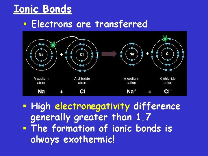 Ionic Bonds § Electrons are transferred § High electronegativity difference generally greater than 1.