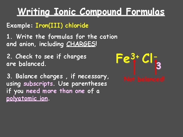 Writing Ionic Compound Formulas Example: Iron(III) chloride 1. Write the formulas for the cation