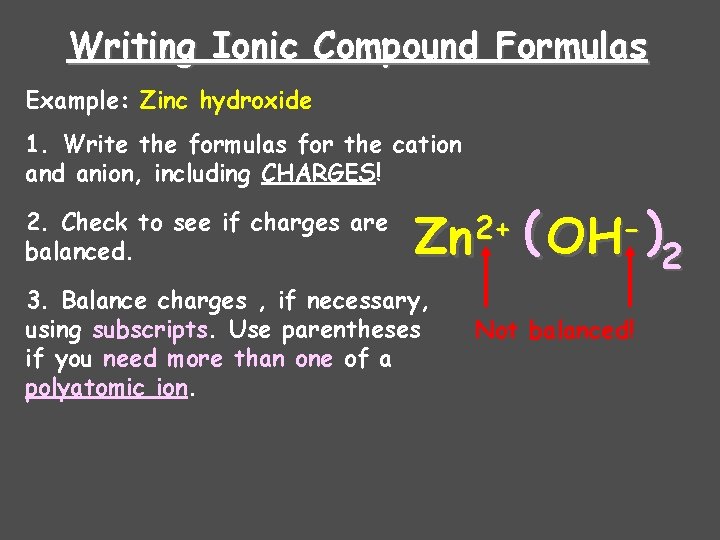 Writing Ionic Compound Formulas Example: Zinc hydroxide 1. Write the formulas for the cation