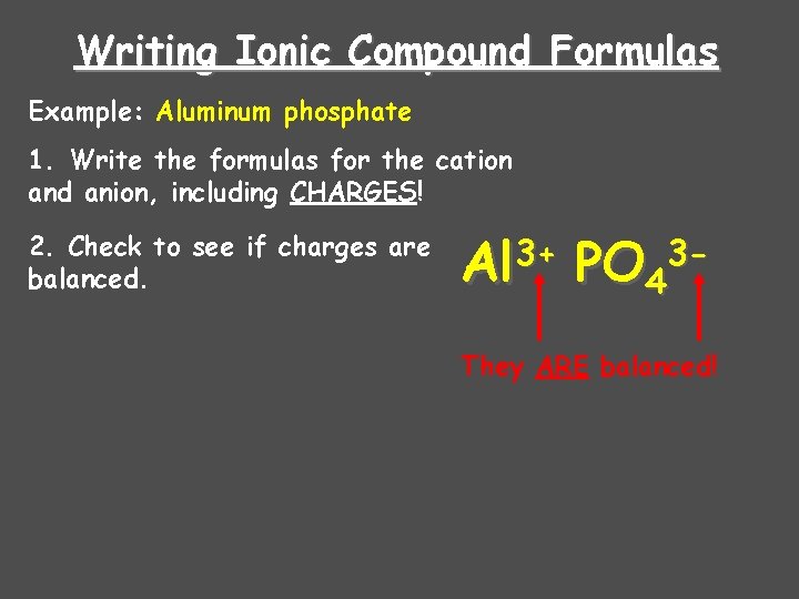 Writing Ionic Compound Formulas Example: Aluminum phosphate 1. Write the formulas for the cation