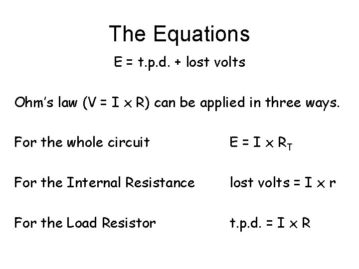 The Equations E = t. p. d. + lost volts Ohm’s law (V =