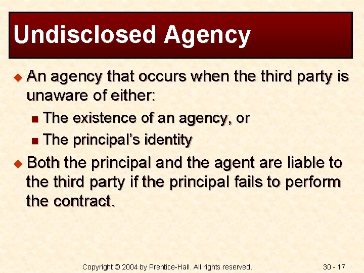 Undisclosed Agency u An agency that occurs when the third party is unaware of