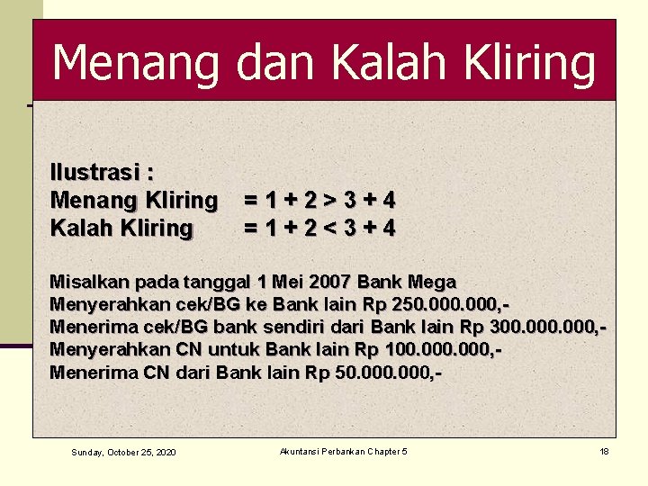 Menang dan Kalah Kliring Ilustrasi : Menang Kliring Kalah Kliring =1+2>3+4 =1+2<3+4 Misalkan pada