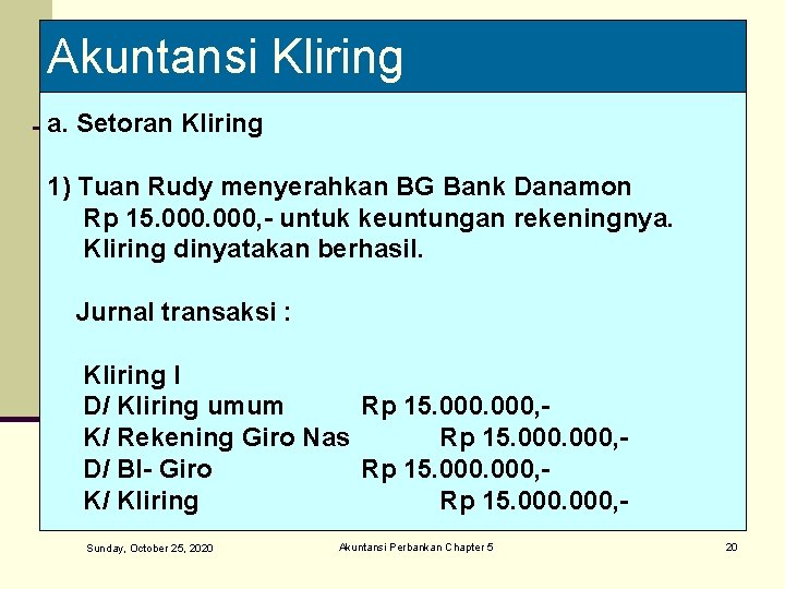 Akuntansi Kliring a. Setoran Kliring 1) Tuan Rudy menyerahkan BG Bank Danamon Rp 15.