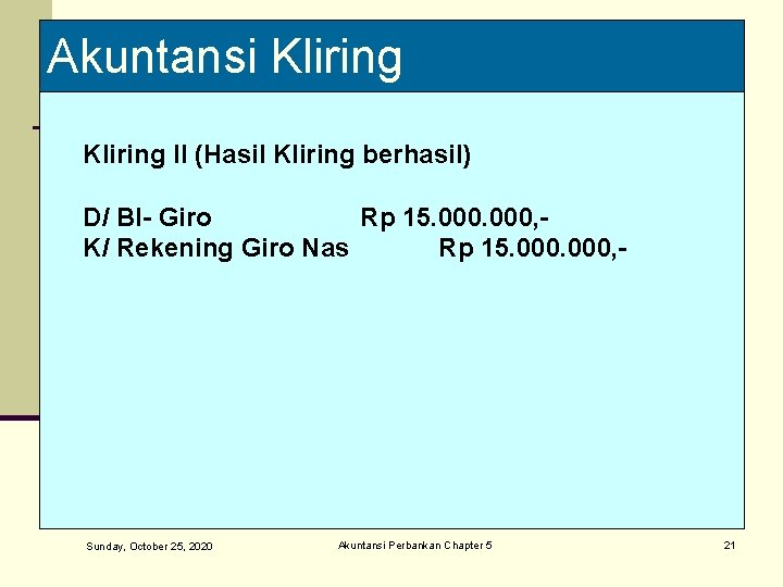 Akuntansi Kliring II (Hasil Kliring berhasil) D/ BI- Giro Rp 15. 000, K/ Rekening