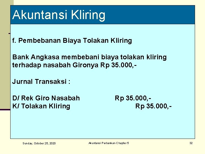 Akuntansi Kliring f. Pembebanan Biaya Tolakan Kliring Bank Angkasa membebani biaya tolakan kliring terhadap