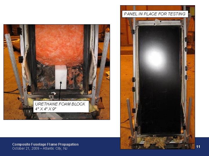 PANEL IN PLACE FOR TESTING URETHANE FOAM BLOCK 4” X 9” Composite Fuselage Flame