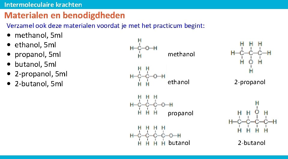 Intermoleculaire krachten Materialen en benodigdheden Verzamel ook deze materialen voordat je met het practicum