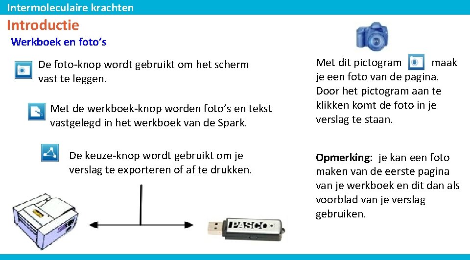 Intermoleculaire krachten Introductie Werkboek en foto’s De foto-knop wordt gebruikt om het scherm vast