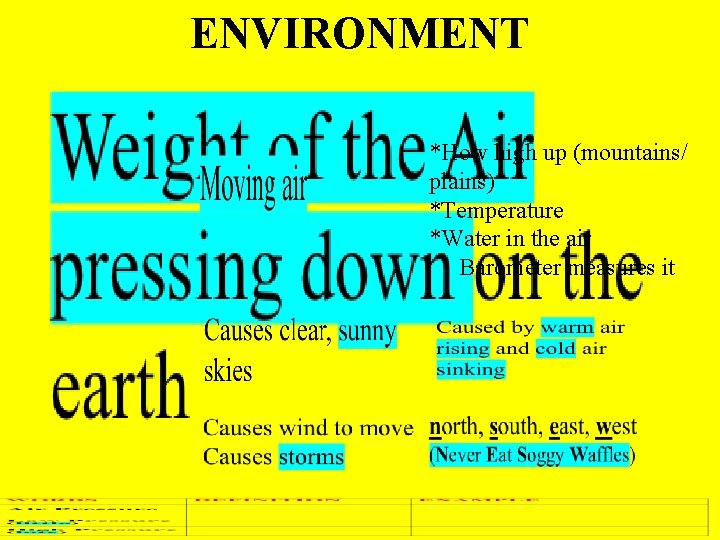 ENVIRONMENT *How high up (mountains/ plains) *Temperature *Water in the air Barometer measures it