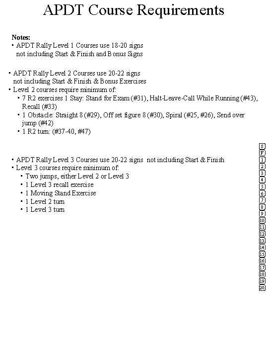 APDT Course Requirements Notes: • APDT Rally Level 1 Courses use 18 -20 signs