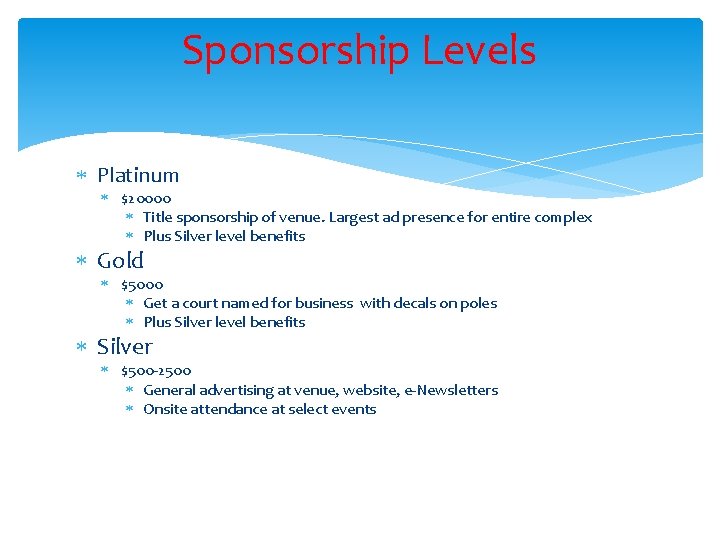 Sponsorship Levels Platinum $20000 Title sponsorship of venue. Largest ad presence for entire complex