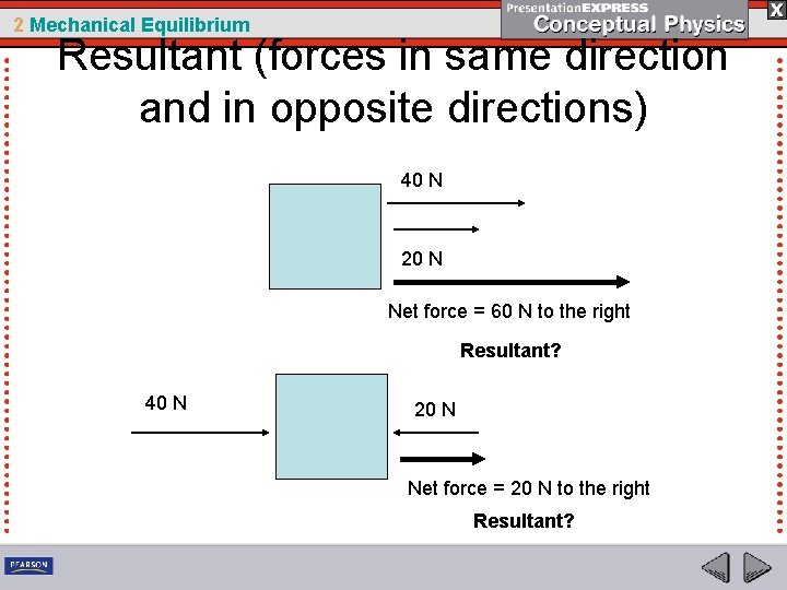 2 Mechanical Equilibrium Resultant (forces in same direction and in opposite directions) 40 N