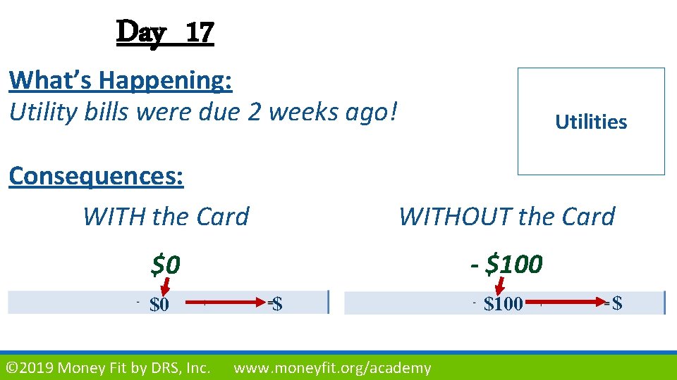 Day 17 What’s Happening: Utility bills were due 2 weeks ago! Consequences: WITH the