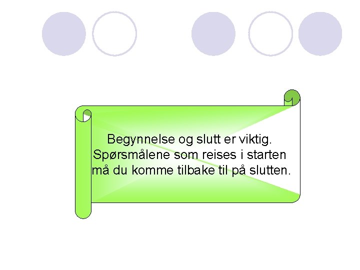 Begynnelse og slutt er viktig. Spørsmålene som reises i starten må du komme tilbake