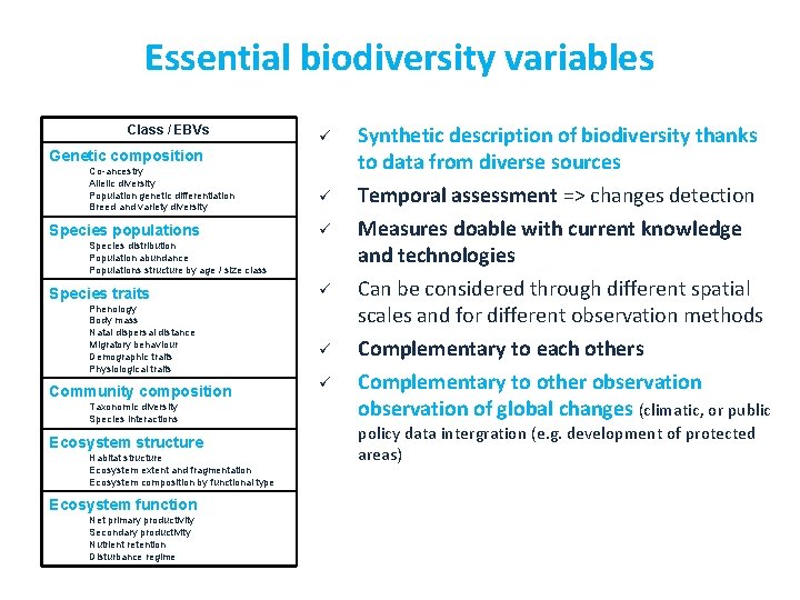 Essential biodiversity variables Class / EBVs ü Genetic composition Co-ancestry Allelic diversity Population genetic